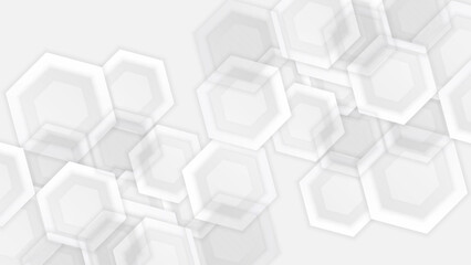 Geometric white and grey gradient background with heksagonal shape, light overlay and shadow, vector illustration.