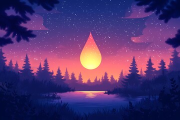 Fototapeta premium Moonlit Nightscape with Vibrant Colors: A Serene Digital Artwork of a Romantic Forest Scene