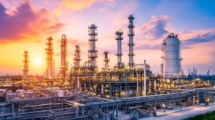 Twilight Over a Gas Refinery with Clouds and Industrial Structures