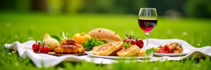 Close up of picnic spread on green grass with food and wine glasses, alfresco, wine