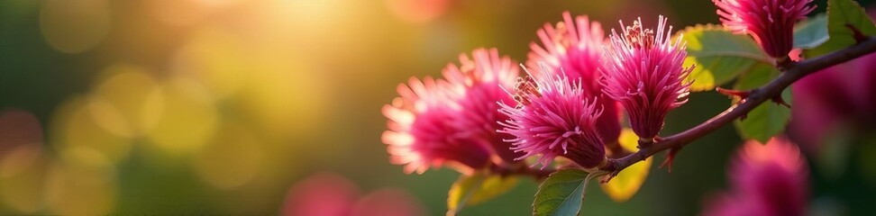 Obraz premium Close-up of pink bottlebrush flowers on bush in soft afternoon sunlight, colorful, vibrant