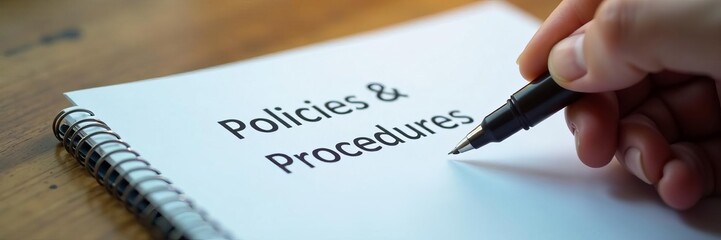 Close-up of policies and procedures memo written with fountain pen on notebook, document, rules