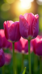 Fototapeta premium Close up of purple tulip flowers opening up under the sun in botanical garden, botanical garden, blooming