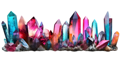 Illustration of Colorful Crystals on Transparent Background with Bright Lighting