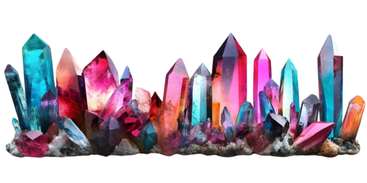 Illustration of Colorful Crystals on Transparent Background with Bright Lighting