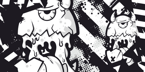 Black and white abstract grunge background with egg monster object