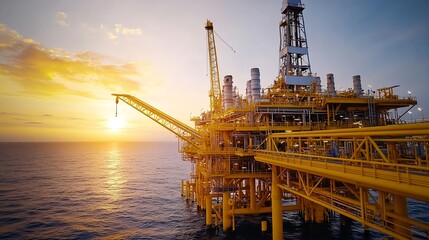 Powerful Gas Industry Platform at Sunset Over the Ocean