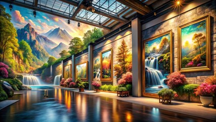 Fototapeta premium Art Gallery with Landscape Paintings and Reflective Pool