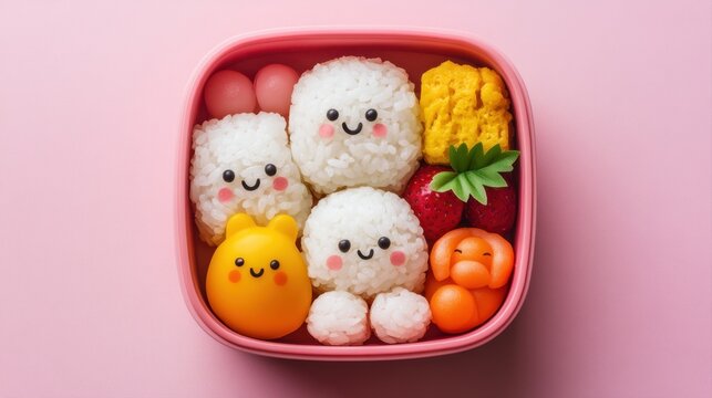 Cute Bento Box with Smiling Rice Balls, Eggs, Fruits, and Vegetables on Pink Background for Playful Meal Ideas