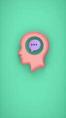 Human head silhouette with speech bubble icon inside brain on turquoise background representing communication thought and verbal expression