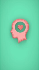 Human head silhouette with heart icon inside brain on turquoise background representing emotional intelligence compassion and mental empathy