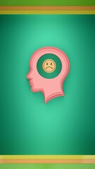 Human head silhouette with sad face emoji icon inside brain on green background representing depression anxiety sadness and negative mental state