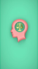 Human head silhouette with justice scale icon inside brain on turquoise background representing ethics law fairness and moral decision making