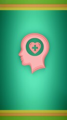 Human head silhouette with heart and medical cross icon inside brain on green background representing mental health emotional support and psychological care