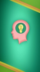 Human head silhouette with yellow light bulb icon inside brain on green background representing creativity innovation idea generation and mental inspiration