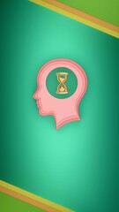 Human head silhouette with hourglass icon inside brain on green background representing time pressure stress deadline management and mental countdown concept