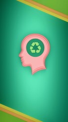Human head silhouette with green recycle icon inside brain on green background representing sustainability environmental awareness and eco friendly thinking