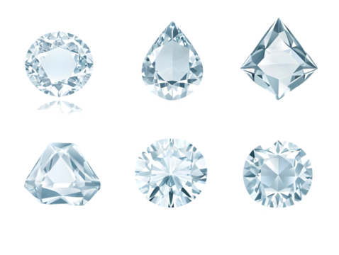 Illustration of Various Sparkling Diamond Gem Cuts on Transparent Background