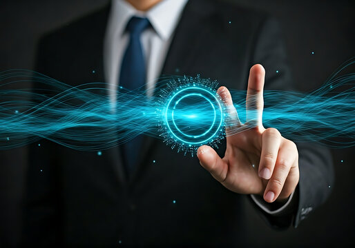 businessman pressing virtual button