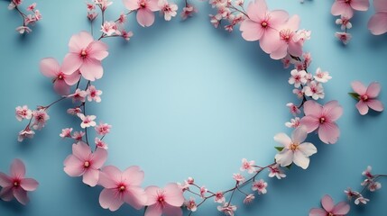 Delicate Cherry Blossom Frame on Soft Blue Background for Spring or Floral Designs and Celebrations