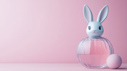 Fototapeta premium Cute bunny-shaped perfume bottle with soft pink background and decorative sphere for spring and Easter themes