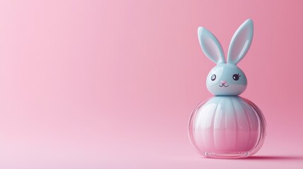 Obraz premium Cute pastel bunny-shaped bottle on soft pink background, perfect for spring or Easter-themed decor and design