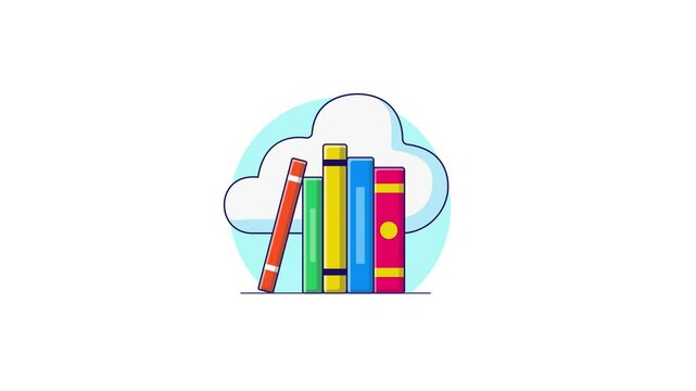 4k Books with Cloud. E-Library Concept Animation Video 