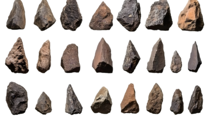 Isolated Background Photo of Assorted Ancient Stone Tools with Rough Surface and Various Shapes