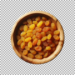 a wooden bowl filled with golden yellow raisins, Healthy Golden Raisins in Rustic Wooden Bowl on transparent background, png, psd
