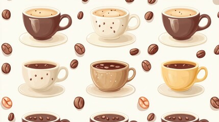 Obraz premium Colorful Coffee Cups Pattern with Coffee Beans for Decorative Use in Print and Digital Projects