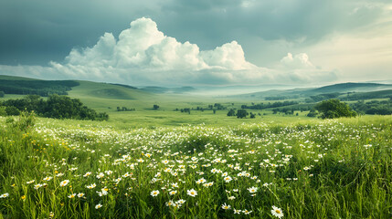 Serene landscape with wildflowers and dramatic sky