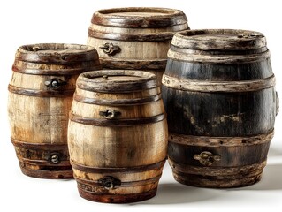 Obraz premium Four vintage wooden barrels of varying sizes and conditions sit together on a white background showcasing their rustic charm and aged texture.