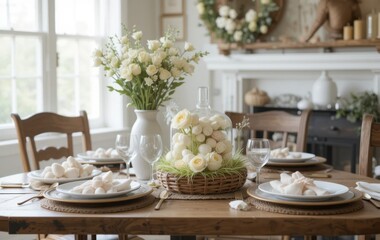 Elegant Table Setting with Floral Centerpiece and Neutral Decor