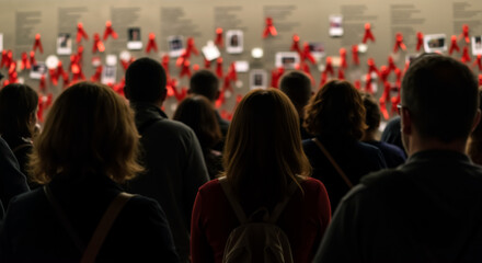 Crowd viewing AIDS memorial wall with photos and red ribbons. People shown from behind commemorating lives lost at AIDS Victims Remembrance Day. 19th May. AIDS Awareness month. World AIDS day.