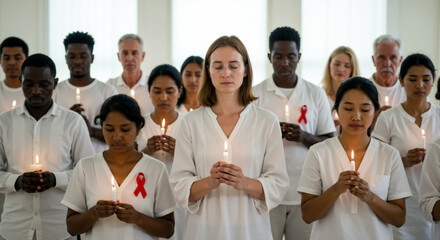 Obraz premium Diverse group in white with red ribbons holding candles during solemn AIDS remembrance vigil. Multiracial community praying together at AIDS Victims Remembrance day. World AIDS day vigil.