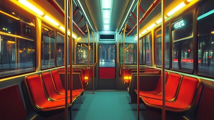 Modern empty city bus interior with seats and handrails in urban setting