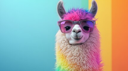 Colorful llama wearing sunglasses with vibrant rainbow background and playful expression