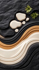 Obraz premium Zen garden artwork displays layers of black stone, beige curves, small rocks, and leafy green plants, creating a calming aesthetic.