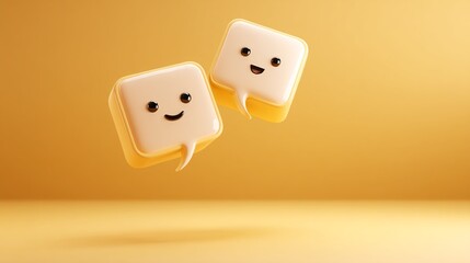 Two cheerful speech bubble characters floating against a warm yellow background during a creative design session