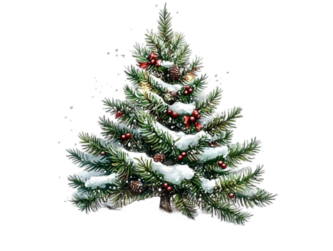 Isolated Christmas Tree Illustration with Snow and Red Berries on Transparent Background