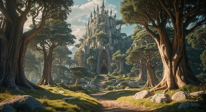 elven kingdom nestled within ancient trees cinematic view background 