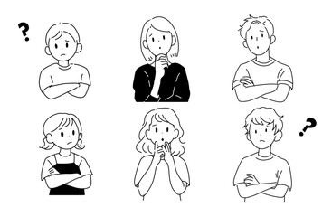 疑問や悩みを抱える人々のイラストセット（白背景・上半身