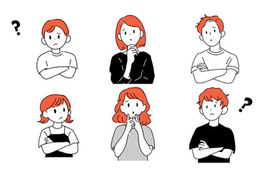 疑問や悩みを抱える人々のイラストセット（白背景・上半身