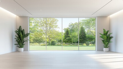 Obraz premium Modern minimalist interior design bright room garden view white green serene calm