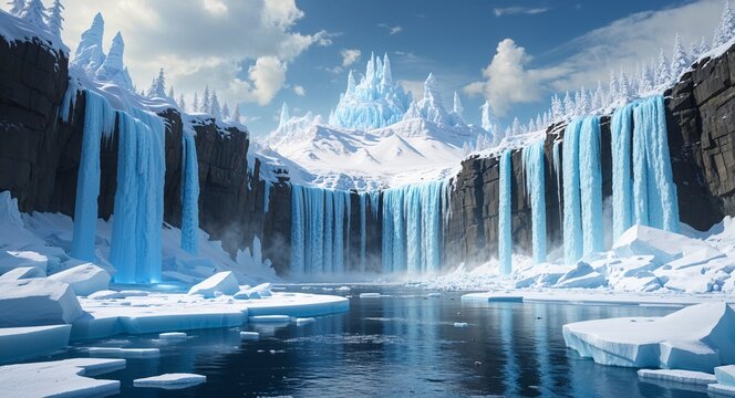 kingdom of ice with frozen waterfalls cinematic view background 