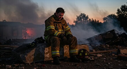 Firefighter in uniform feeling exhausted after battling flames  