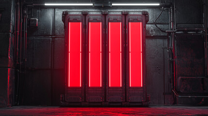 Obraz premium Futuristic sci fi red energy panel glowing in a dark industrial room with metal pipes and cyberpunk atmosphere.