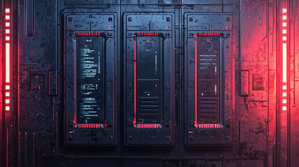 High-tech futuristic server panels with glowing red and blue neon lights in a sci-fi digital control room environment.