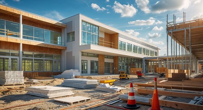 New school building construction site cinematic view background 