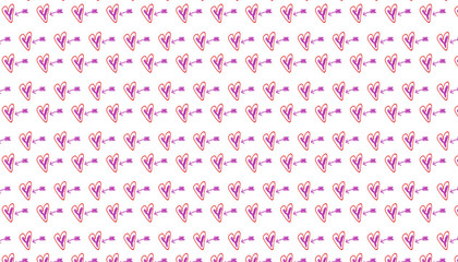 Romantic seamless pattern featuring hand-drawn red outlined hearts pierced by purple Cupid's arrows